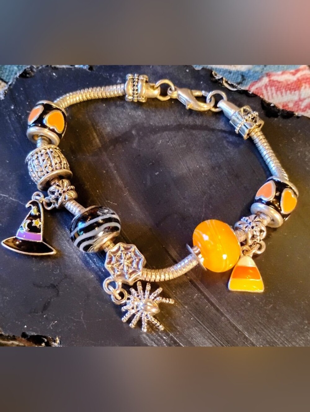 OSNT Silver-tone Halloween Charm Bracelet with Black & Orange Accents